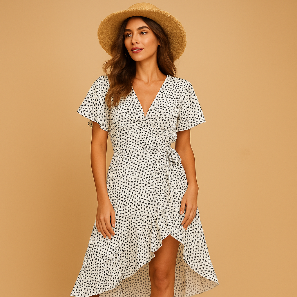 Wrap dress with V-neck for women named Aurora, featuring an adjustable waist, asymmetrical skirt, and playful print, ideal for summer, garden parties, or holidays.