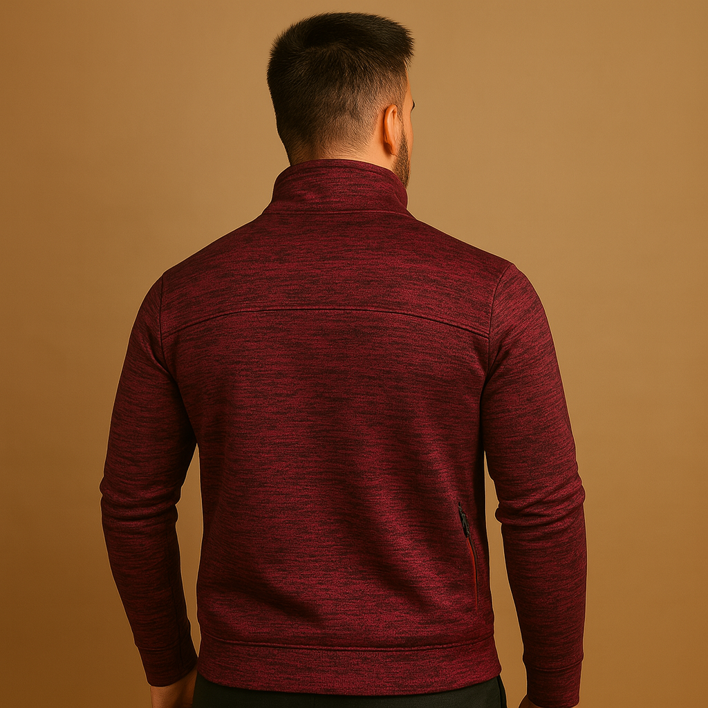 Men’s stylish wrinkle-free zip cardigan with hand-finished details and hidden zip pockets, designed for comfort and timeless elegance.