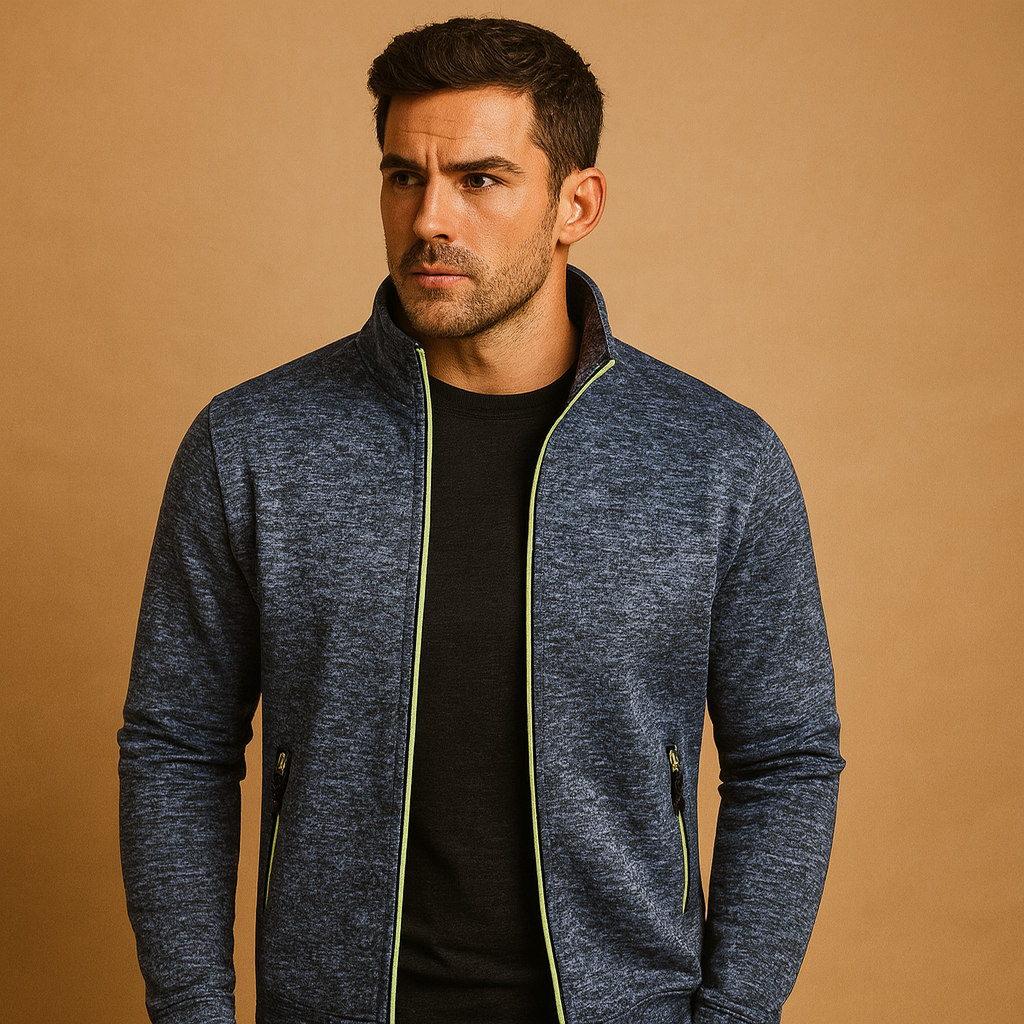 Men’s stylish wrinkle-free zip cardigan with hand-finished details and hidden zip pockets, designed for comfort and timeless elegance.