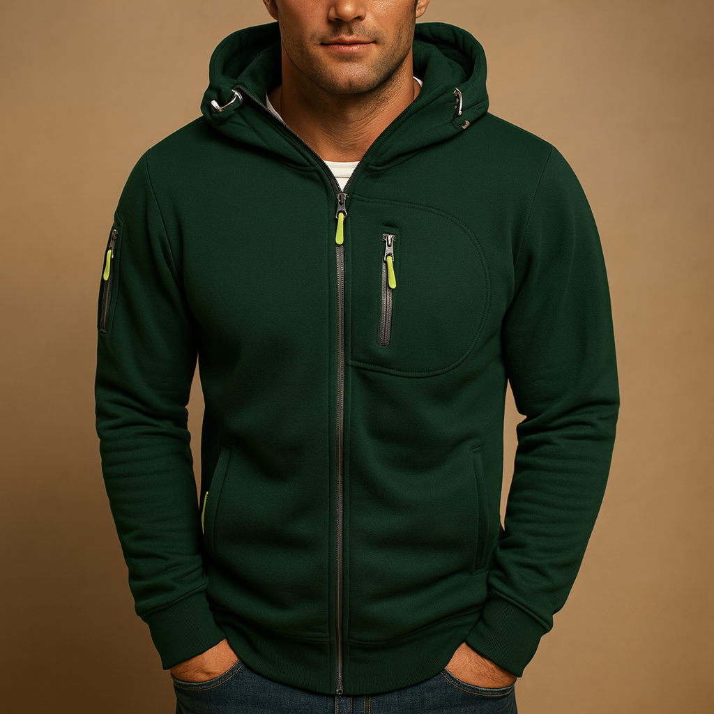 Men’s zip hoodie with adjustable hood in black, blue, grey, green, or white. Comfortable, breathable, and perfect for casual and sporty autumn outfits.
