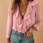 Elegant women’s blouse with butterfly print and ruffles, featuring long sleeves and a flattering tailored fit for all-season wear.