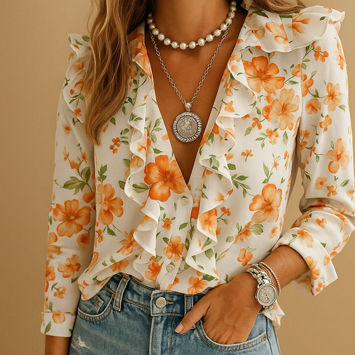 Elegant women’s blouse with butterfly print and ruffles, featuring long sleeves and a flattering tailored fit for all-season wear.