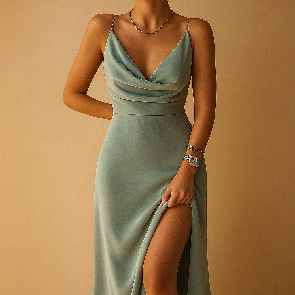 Elegant V-neck maxi dress for women with flowing fit and invisible back zipper, perfect for weddings, galas, and formal events.