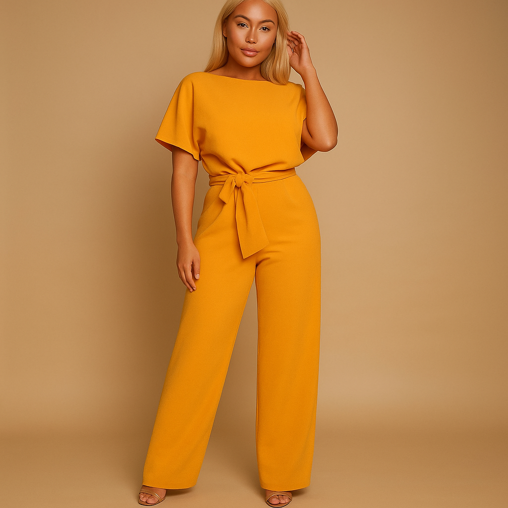 High-waisted jumpsuit for women with lace-up detail and tailored fit, ideal for work, stylish evenings, and chic casual looks.
