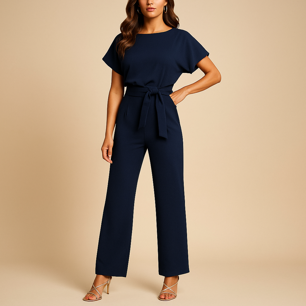 High-waisted jumpsuit for women with lace-up detail and tailored fit, ideal for work, stylish evenings, and chic casual looks.