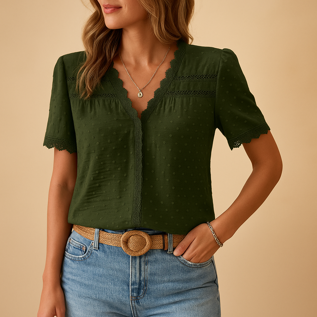 Lace blouse for women with elegant V-neckline and refined detailing, perfect for work, evenings out, and special occasions.