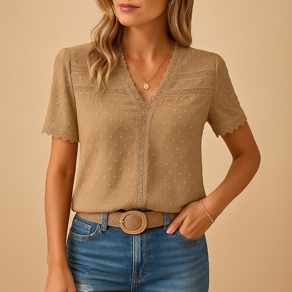 Lace blouse for women with elegant V-neckline and refined detailing, perfect for work, evenings out, and special occasions.