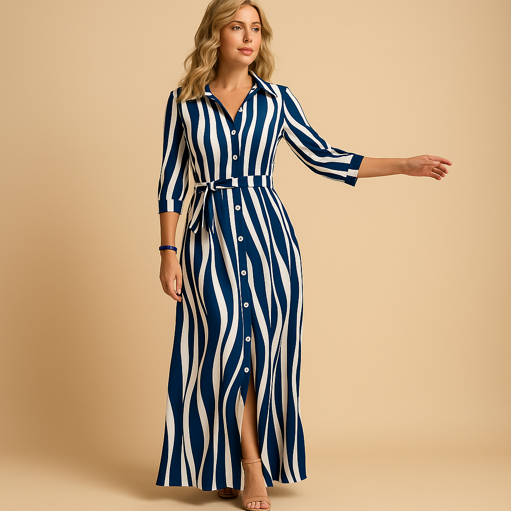 Long summer dress for women with short sleeves and breathable fabric, ideal for warm days, beach outings, and chic summer events.