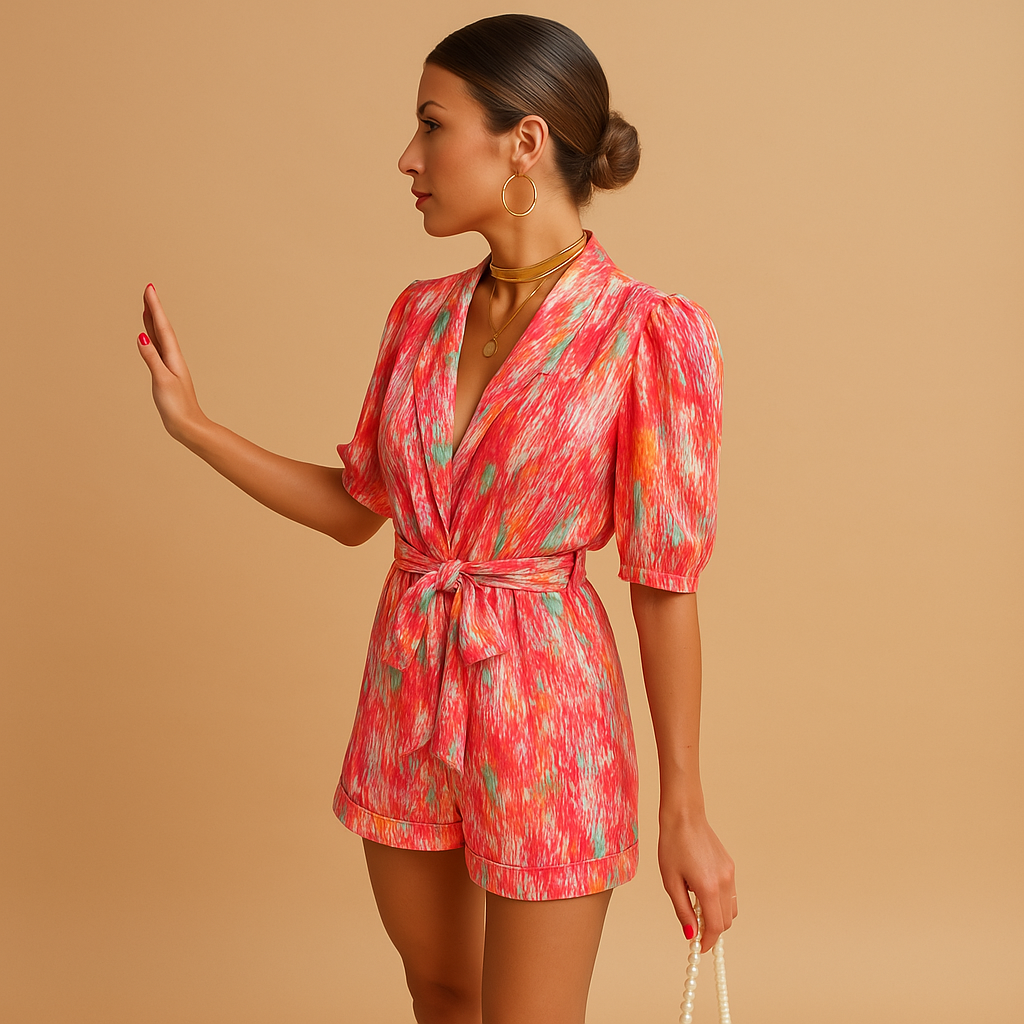 Short summer jumpsuit for women with built-in belt and vibrant print, perfect for warm days, casual outings, and evening events.