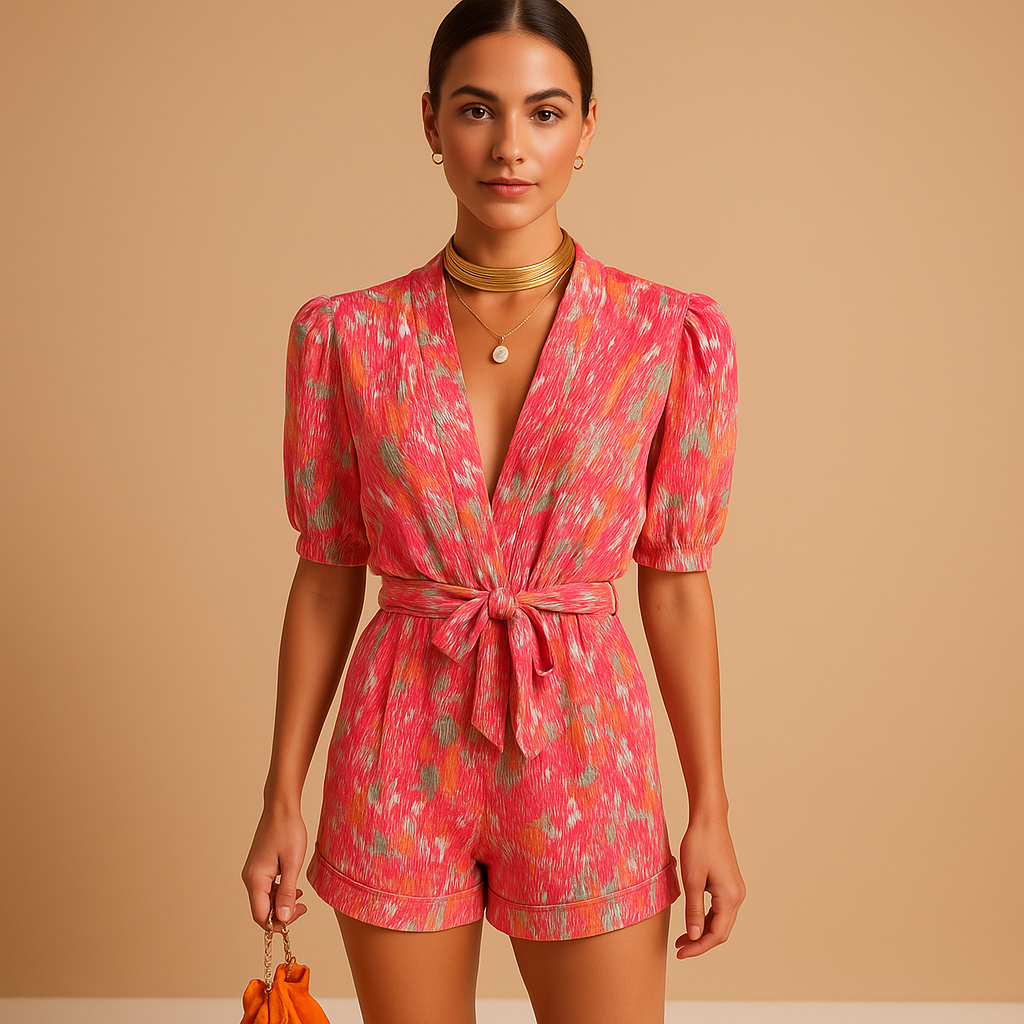 Short summer jumpsuit for women with built-in belt and vibrant print, perfect for warm days, casual outings, and evening events.