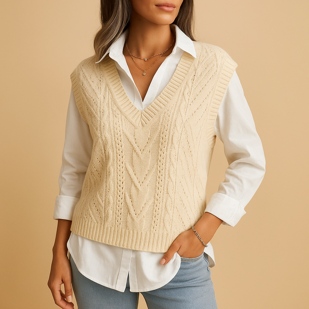 Women's sleeveless cable knit vest with deep V-neck, perfect for stylish layering over dresses, blouses, or T-shirts in spring and autumn.