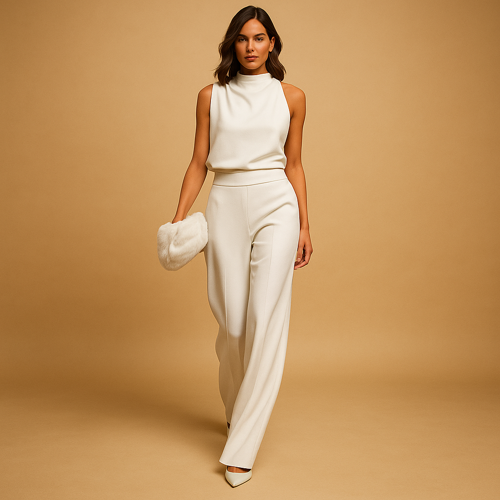Sleeveless halter jumpsuit for women with high waist, wide-leg silhouette, decorative bow, and pockets, ideal for festive and evening occasions.