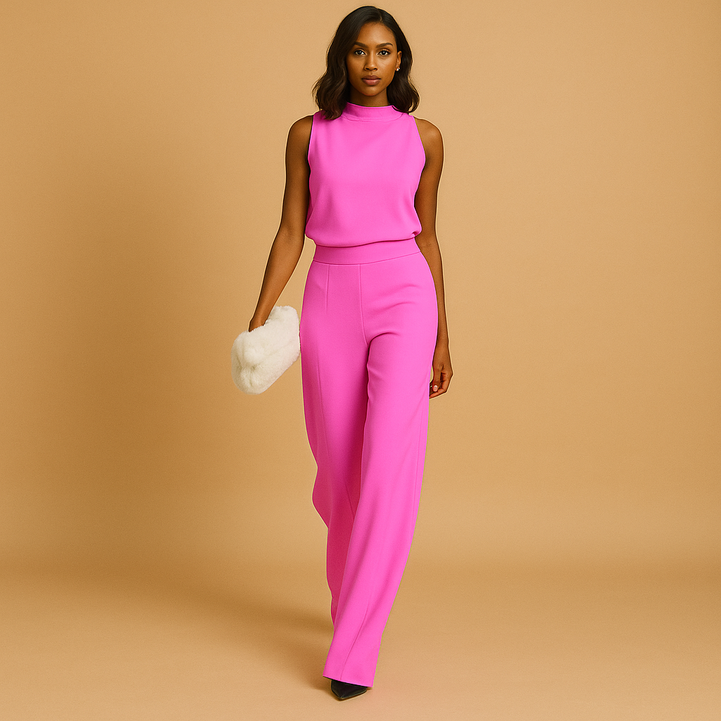 Sleeveless halter jumpsuit for women with high waist, wide-leg silhouette, decorative bow, and pockets, ideal for festive and evening occasions.