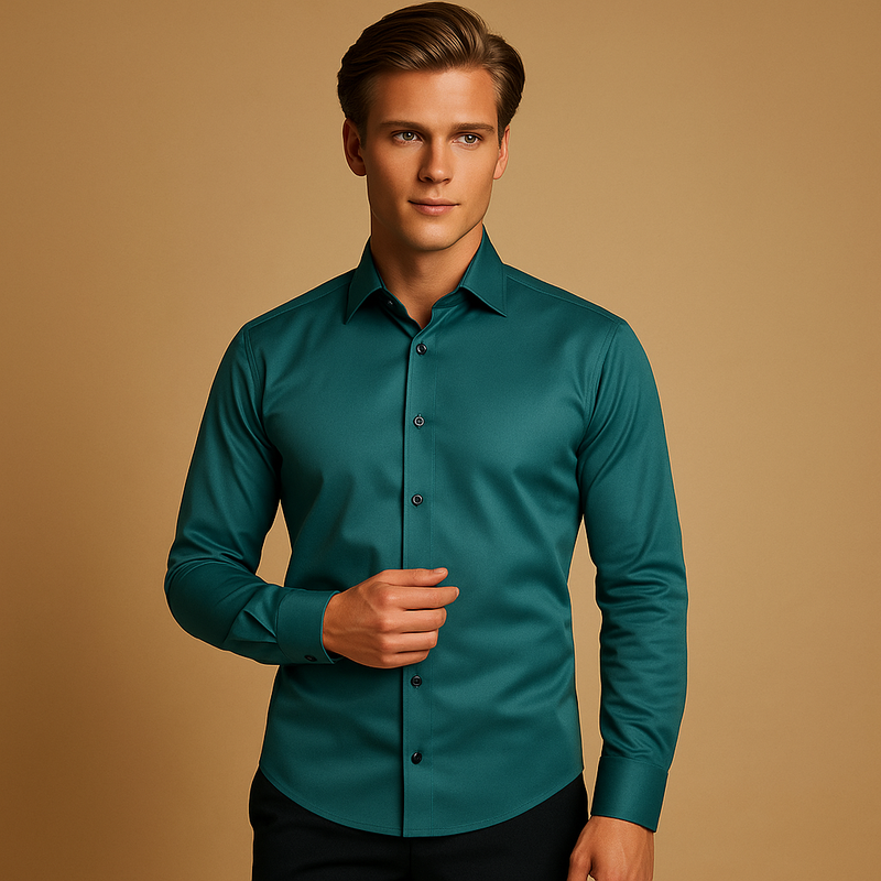Men’s slim fit dress shirt in breathable stretch fabric with button closure and collar, ideal for business, casual, and evening occasions.