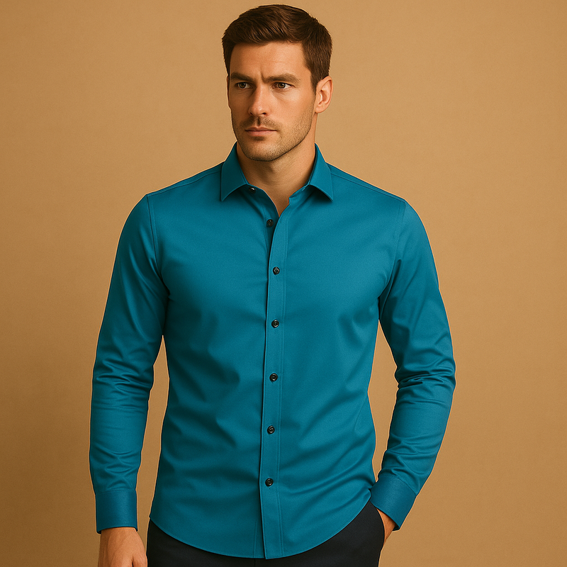 Men’s slim fit dress shirt in breathable stretch fabric with button closure and collar, ideal for business, casual, and evening occasions.