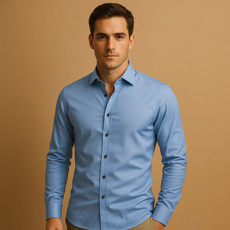 Men’s slim fit dress shirt in breathable stretch fabric with button closure and collar, ideal for business, casual, and evening occasions.