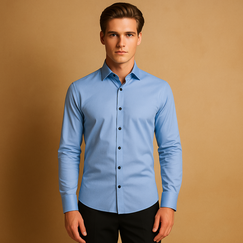 Men’s slim fit dress shirt in breathable stretch fabric with button closure and collar, ideal for business, casual, and evening occasions.