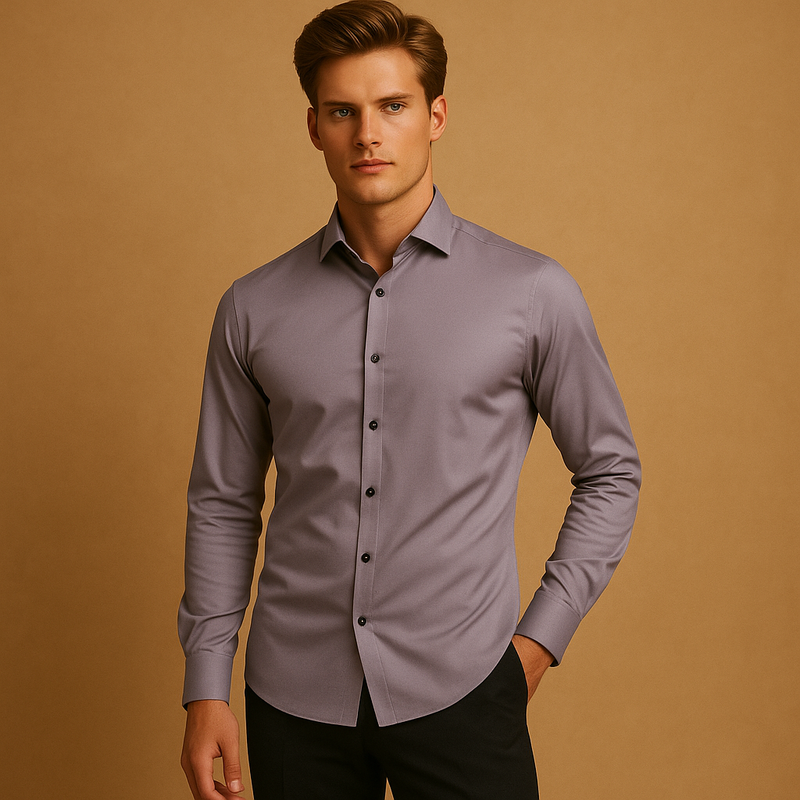 Men’s slim fit dress shirt in breathable stretch fabric with button closure and collar, ideal for business, casual, and evening occasions.
