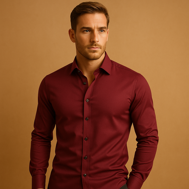 Men’s slim fit dress shirt in breathable stretch fabric with button closure and collar, ideal for business, casual, and evening occasions.