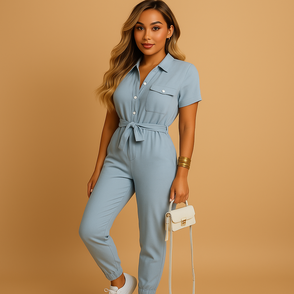 Tailored one-piece jumpsuit for women with button closure and flattering fit, perfect for office wear, brunch, and evening outings.