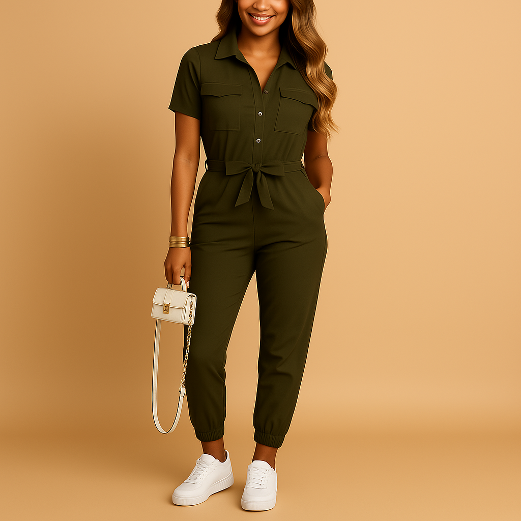 Tailored one-piece jumpsuit for women with button closure and flattering fit, perfect for office wear, brunch, and evening outings.