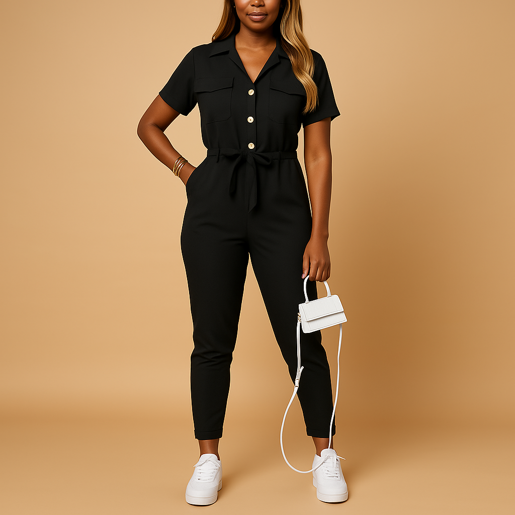 Tailored one-piece jumpsuit for women with button closure and flattering fit, perfect for office wear, brunch, and evening outings.