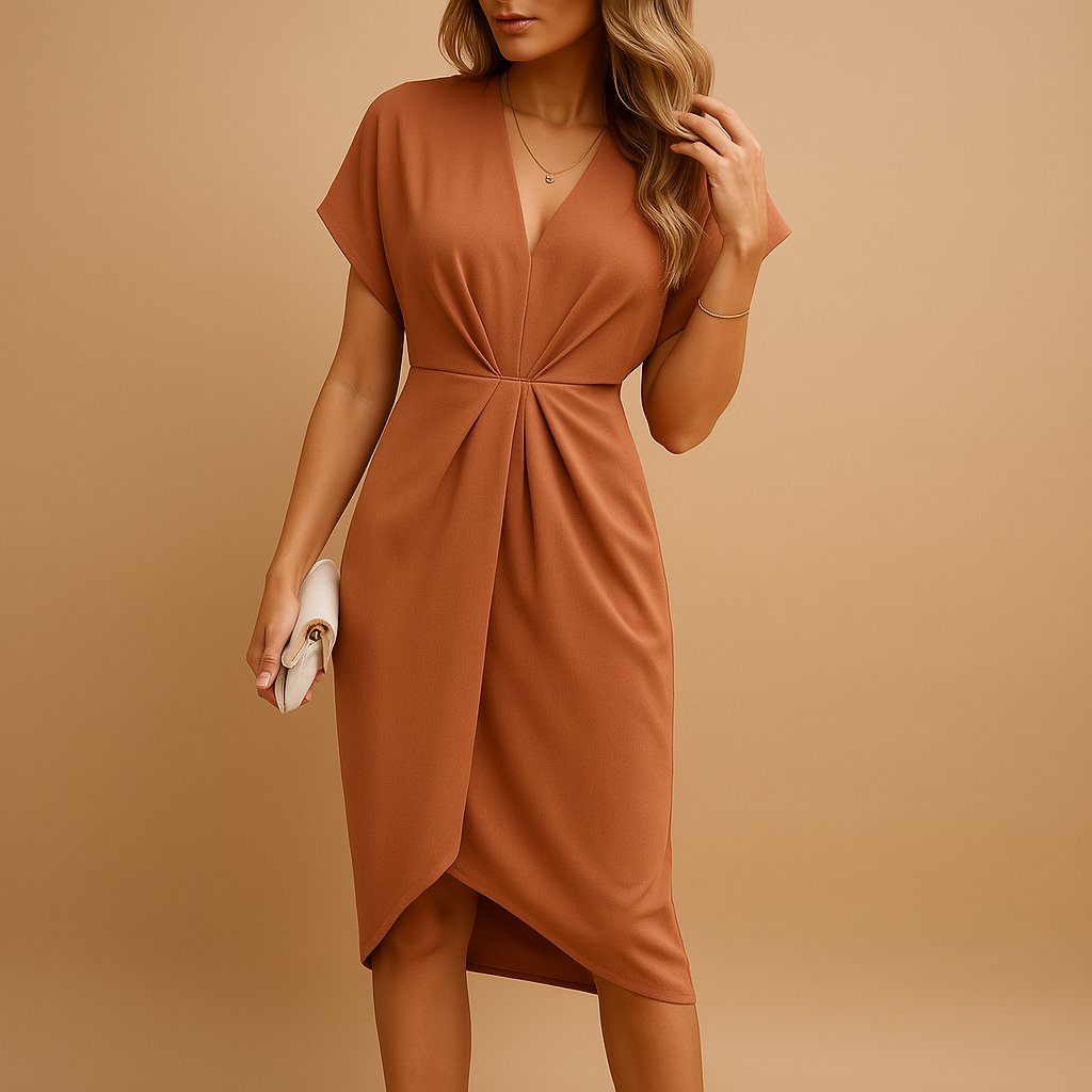 Timeless midi wrap dress for women with flattering fit and elegant design, ideal for casual and formal occasions in spring, summer, or fall.