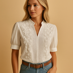 Elegant white blouse for women with classic collar and button closure, perfect for work, leisure, or stylish everyday wear.