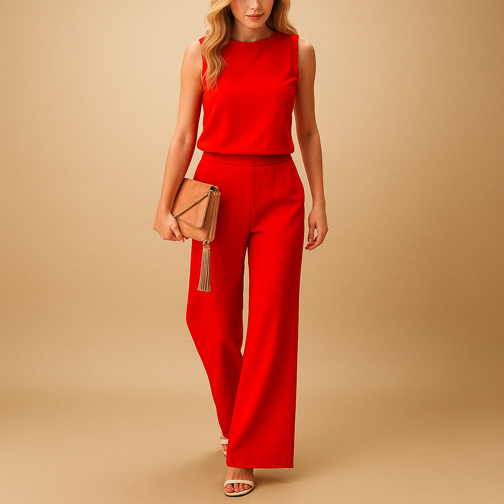 Elegant wide-leg jumpsuit for women with round neckline and mid-waist fit, ideal for work, evening events, and stylish gatherings.