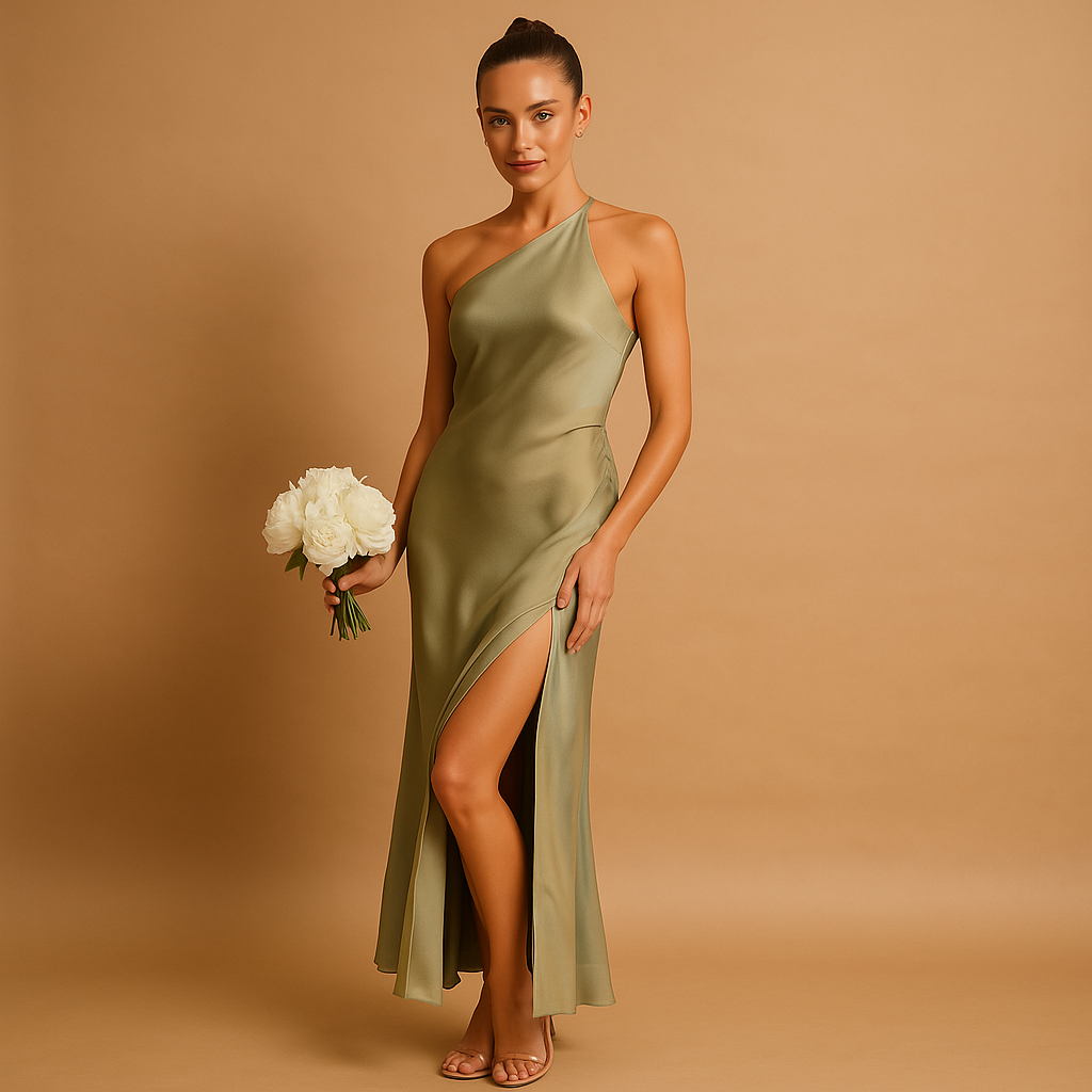 Asymmetrical evening dress for women named Valentina, with a body-hugging fit, soft stretch fabric, and chic split detail, perfect for galas and parties.