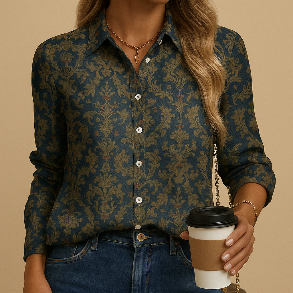 Women’s fitted autumn blouse in warm fall colors with a flattering tailored fit, perfect for work, casual wear, or semi-formal occasions.