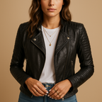 Black faux leather jacket for women with tailored fit, classic collar, and zipper closure. Stylish and versatile for casual or chic outfits.