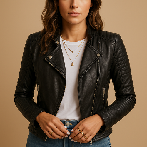 Black faux leather jacket for women with tailored fit, classic collar, and zipper closure. Stylish and versatile for casual or chic outfits.
