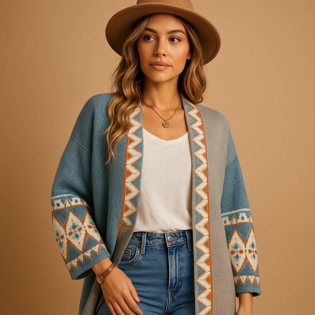 Women’s bohemian jacquard cardigan with relaxed fit and colorful multicolor design, soft wool blend, ideal for layering over dresses or jeans.