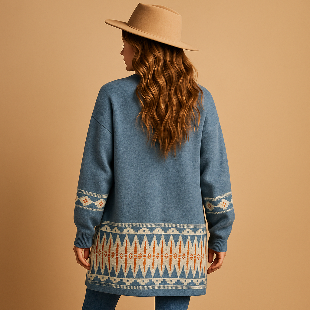 Women’s bohemian jacquard cardigan with relaxed fit and colorful multicolor design, soft wool blend, ideal for layering over dresses or jeans.