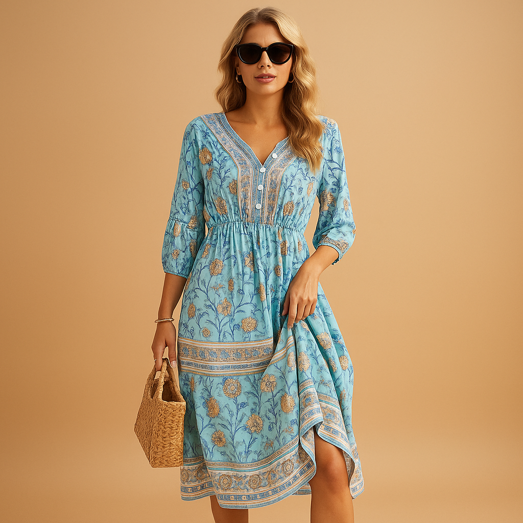 Bohemian summer dress for women with light, breathable fabric and flowy fit, perfect for festivals, beach outings, and casual summer days.