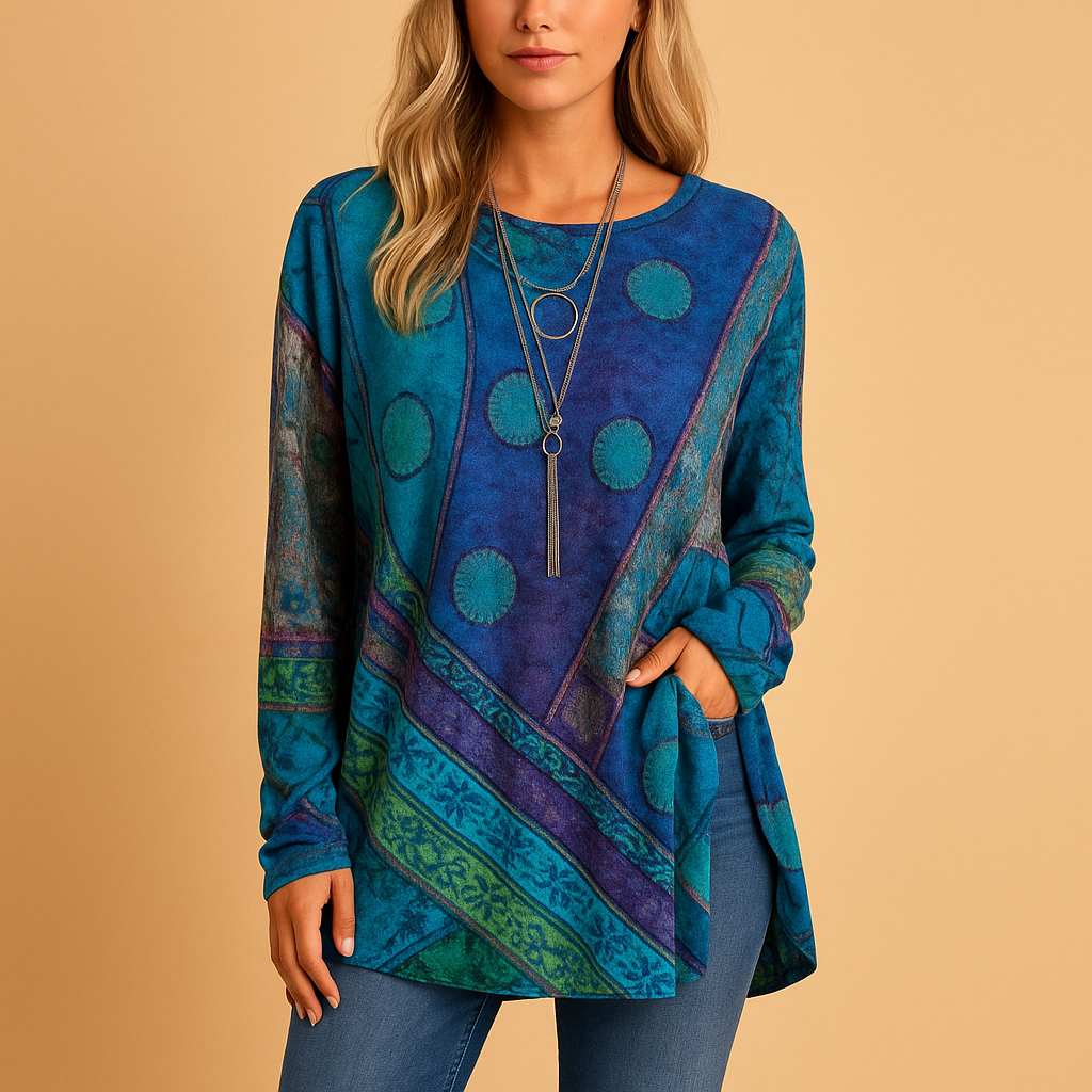 Women’s boho off-shoulder top with ethnic print and relaxed fit, perfect for festivals, summer days, or casual outings.