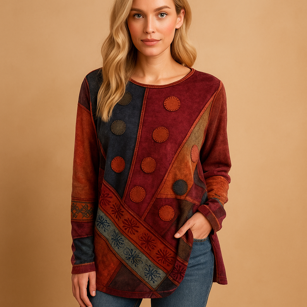 Women’s boho off-shoulder top with ethnic print and relaxed fit, perfect for festivals, summer days, or casual outings.