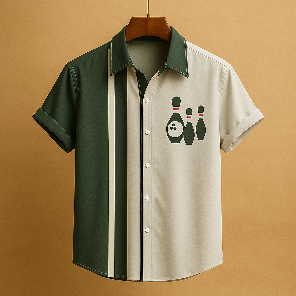 Marcus, a men’s polo shirt with bowling print and classic collar. Comfortable and breathable design, ideal for casual wear and sporty occasions.