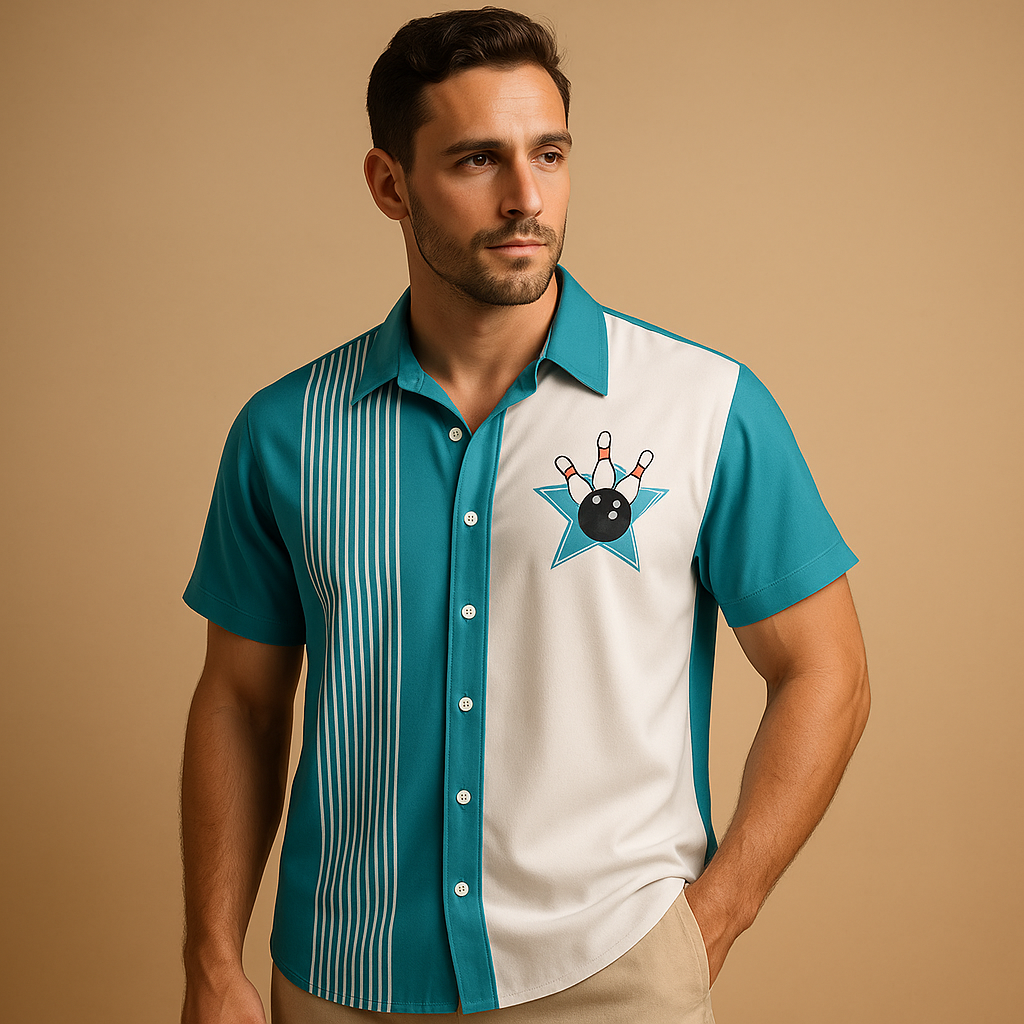 Marcus, a men’s polo shirt with bowling print and classic collar. Comfortable and breathable design, ideal for casual wear and sporty occasions.