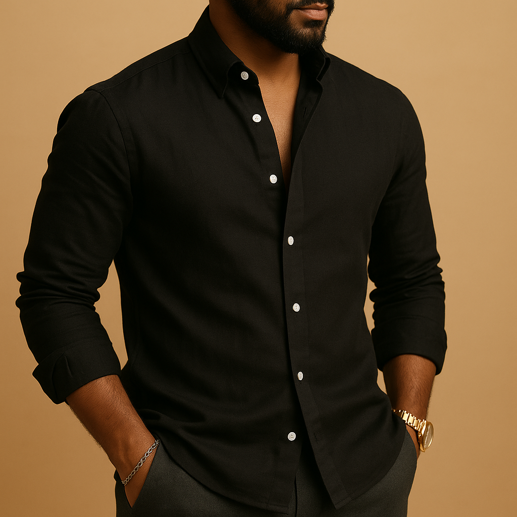 Lightweight breathable shirt for men with a comfortable fit, available in black, khaki, pink, sky blue, and white. Ideal for casual and business wear.