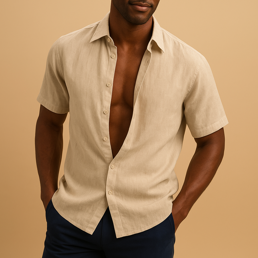 Lightweight breathable shirt for men with a comfortable fit, available in black, khaki, pink, sky blue, and white. Ideal for casual and business wear.