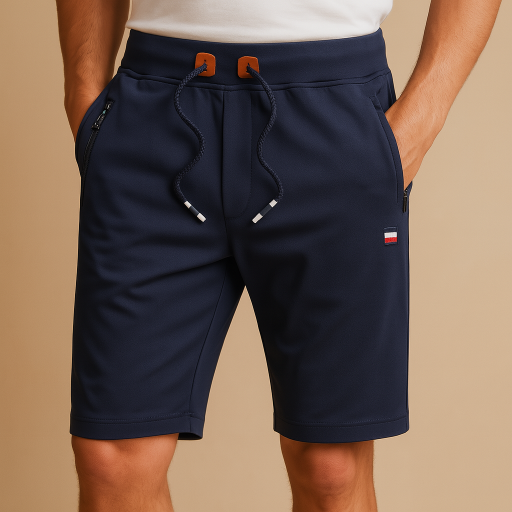 Men’s breathable sport shorts with elastic waistband and multiple pockets, available in black, green, gray, beige, and blue for versatile use.