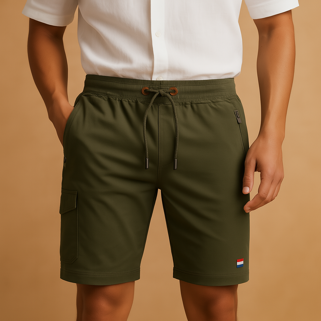 Men’s breathable sport shorts with elastic waistband and multiple pockets, available in black, green, gray, beige, and blue for versatile use.
