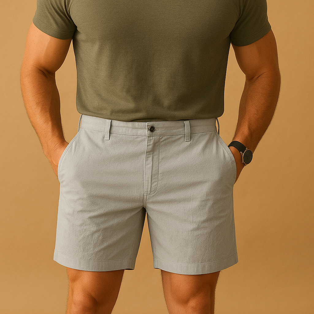 Men’s breathable summer shorts with relaxed fit, available in white, khaki, gray, and navy blue. Perfect for casual outings and summer dinners.