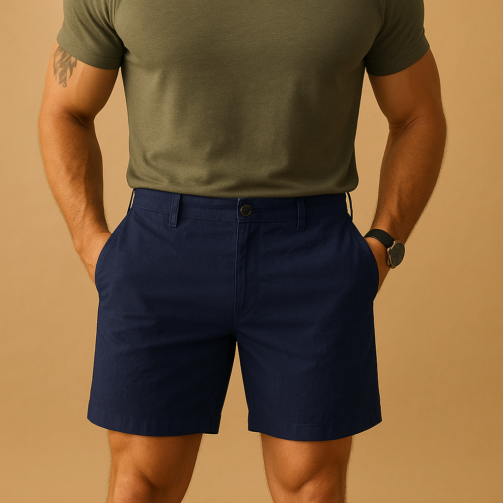 Men’s breathable summer shorts with relaxed fit, available in white, khaki, gray, and navy blue. Perfect for casual outings and summer dinners.