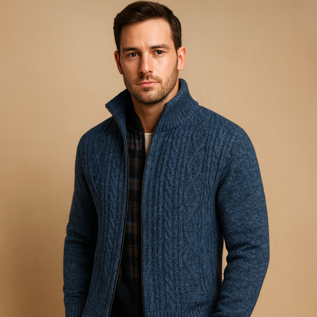 Men’s cable knit sweater with soft plaid lining, designed for warmth and timeless everyday style during autumn and winter.