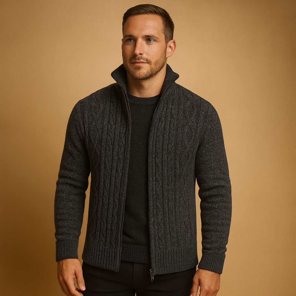 Men’s cable knit sweater with soft plaid lining, designed for warmth and timeless everyday style during autumn and winter.
