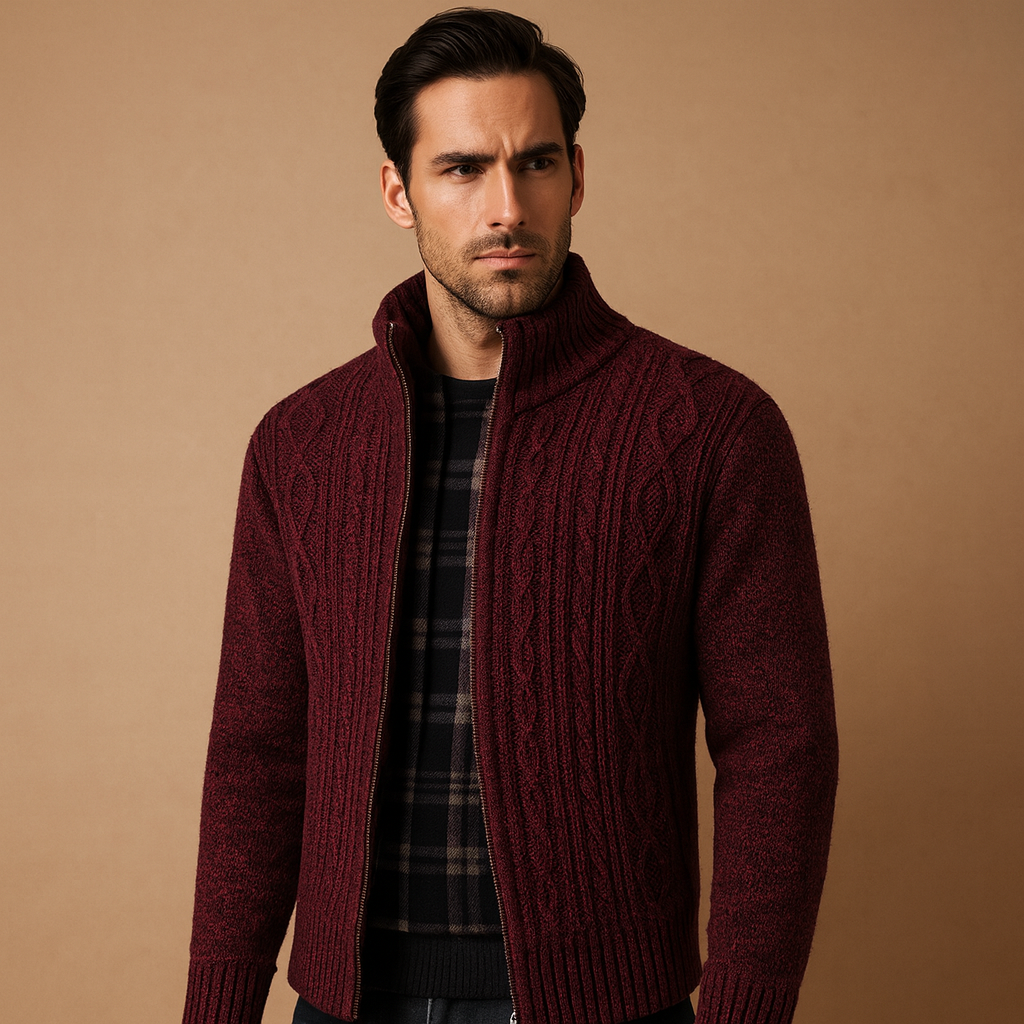 Men’s cable knit sweater with soft plaid lining, designed for warmth and timeless everyday style during autumn and winter.