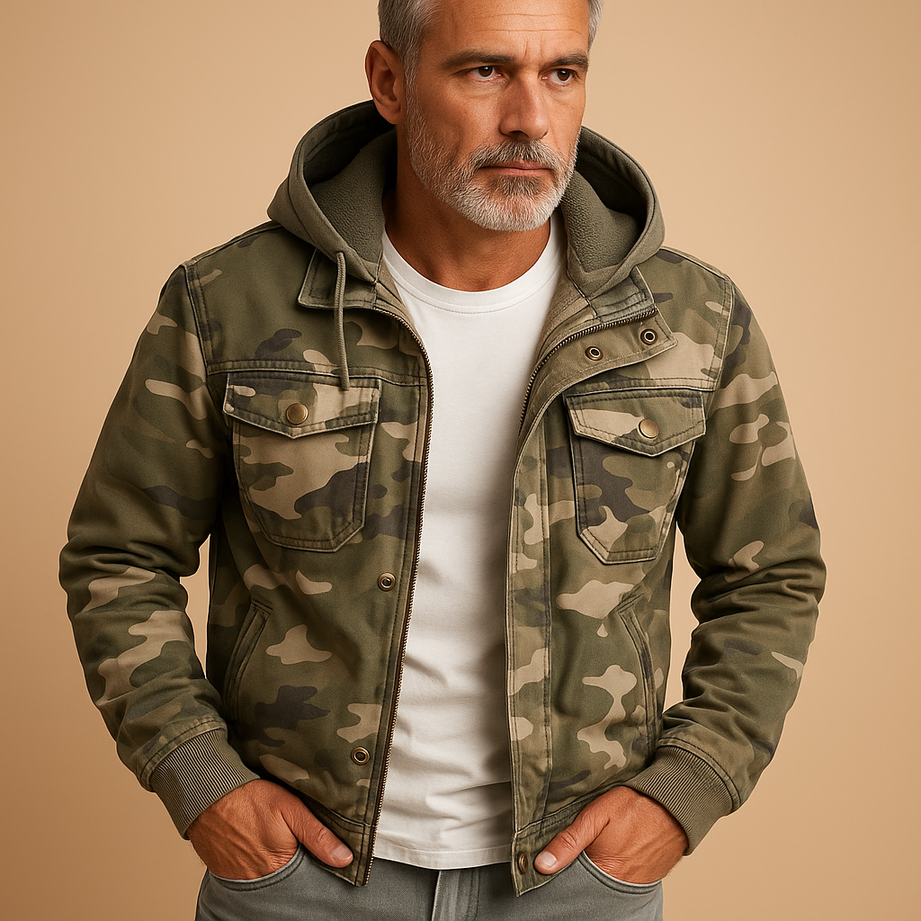 Men’s waterproof camouflage jacket with adjustable cuffs and deep pockets, ideal for outdoor adventures and daily wear.